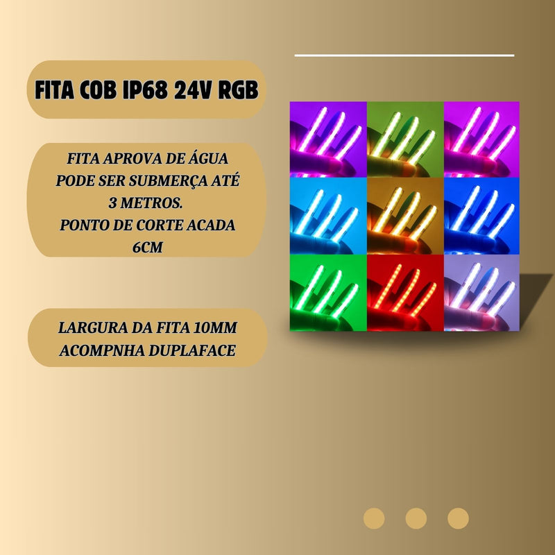 FITA COB RGB IP68 + 1 CONTROLADORA TOUCH 30A + 1 FONTE 15A 24V KIT COM 25M