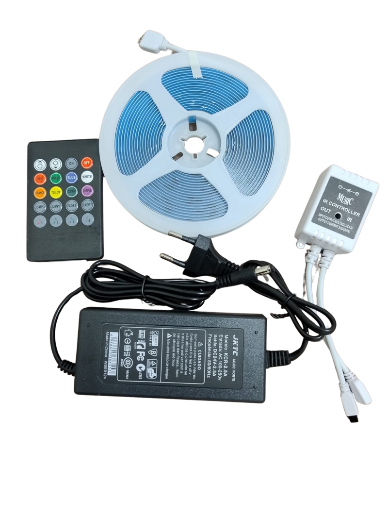 FITA COB RGB 24V 5M IP33 12W/M 10MM C/ FONTE C/ CONTROLE