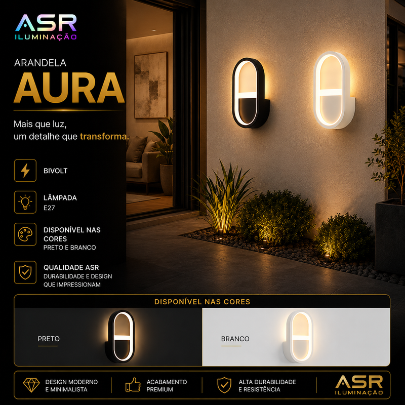 Arandela Aura LED Moderna Bivolt Preta ou Branca para Ambientes Internos