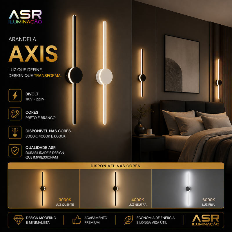 Arandela Axis LED Moderna Vertical Bivolt Preta para Ambientes Internos