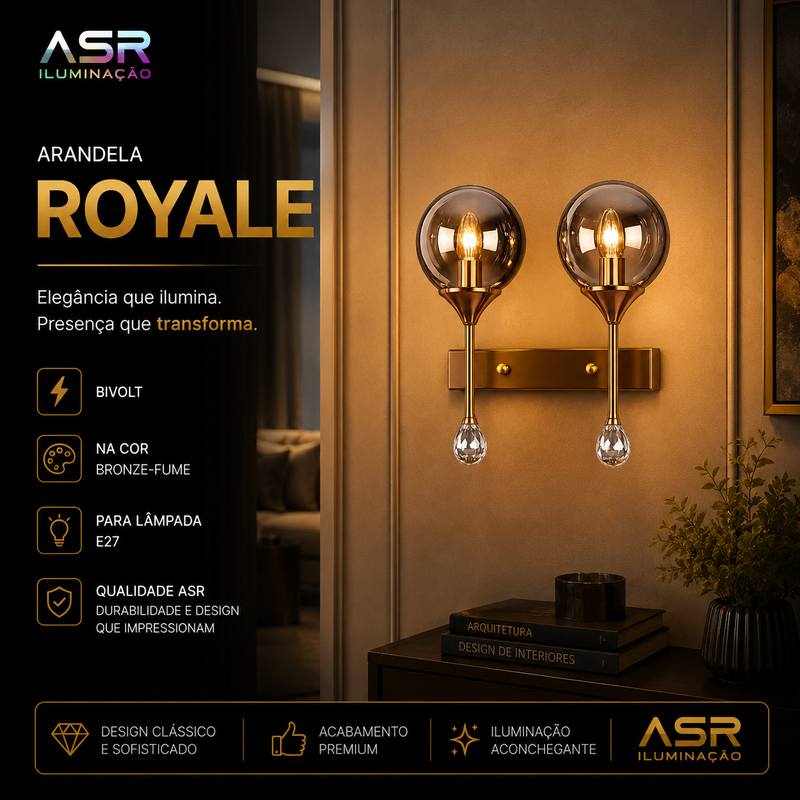 Arandela Royale Dourada com 2 Globos de Vidro – Design Luxuoso Bivolt