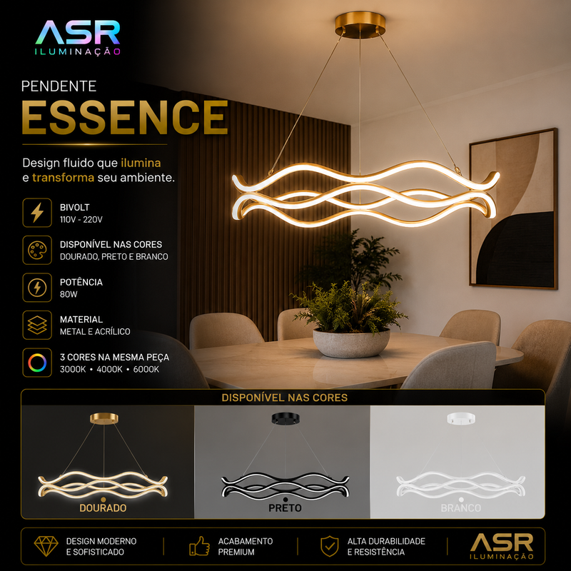 Pendente Essence LED Moderno Ondulado Dourado Bivolt