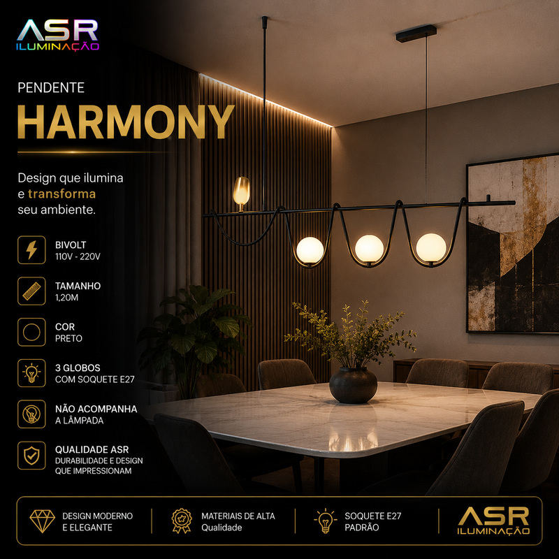 Pendente Harmony LED Moderno Dourado com Globos de Vidro Bivolt