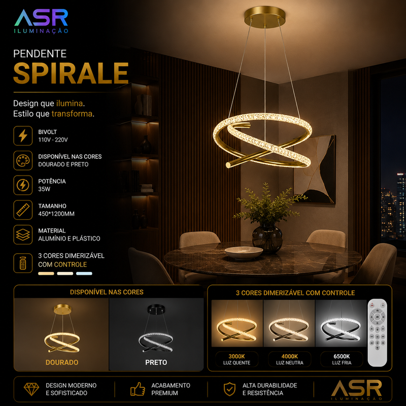 Pendente Spirale LED Moderno Dourado com Design Espiral Bivolt