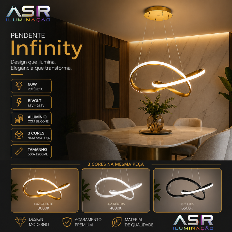 Pendente LED ASR Infinity 60W 3 Cores Bivolt Moderno Dimerizável Luz Quente Fria Neutra Sala Jantar Cozinha