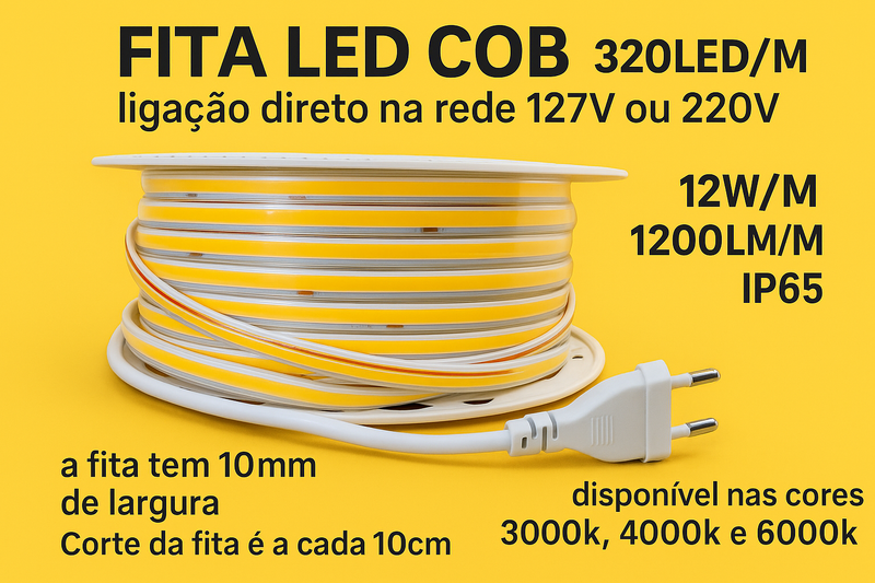 Fita Led Cob 320led 12w Ip65 25m 1200lm/m Irc90 110v Ou 220v