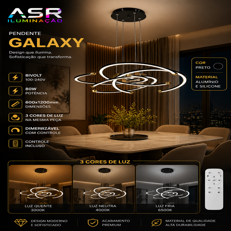 Pendente LED ASR Galaxy 80W Preto Dimerizável 3 Cores Moderno Bivolt