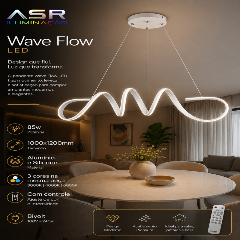 Pendente LED ASR Wave Flow 85W 3 Cores Bivolt Moderno Dimerizável com Controle Luz Quente Fria Neutra Sala Jantar Cozinha