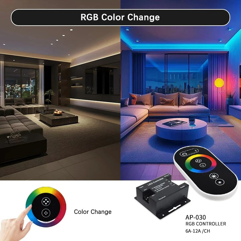 FITA COB RGB IP68 + 1 CONTROLADORA TOUCH 30A + 1 FONTE 15A 24V KIT COM 25M