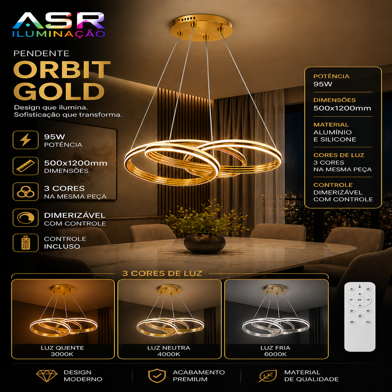 Pendente LED ASR Infinity Orbit Gold 95W Dimerizável 3 Cores Moderno Bivolt